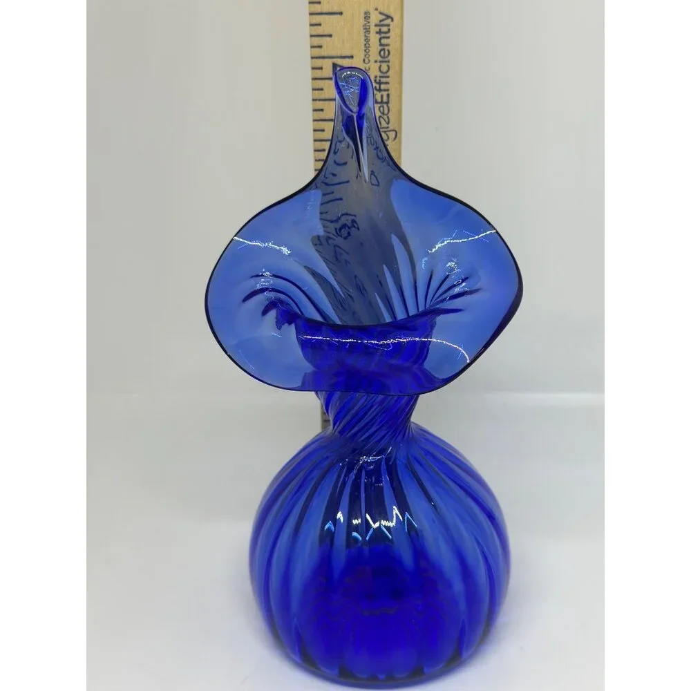 VTG‎ MCM Sapphire Jack-in-the-Pulpit Hand Blown Ribbed Glass Vase 7